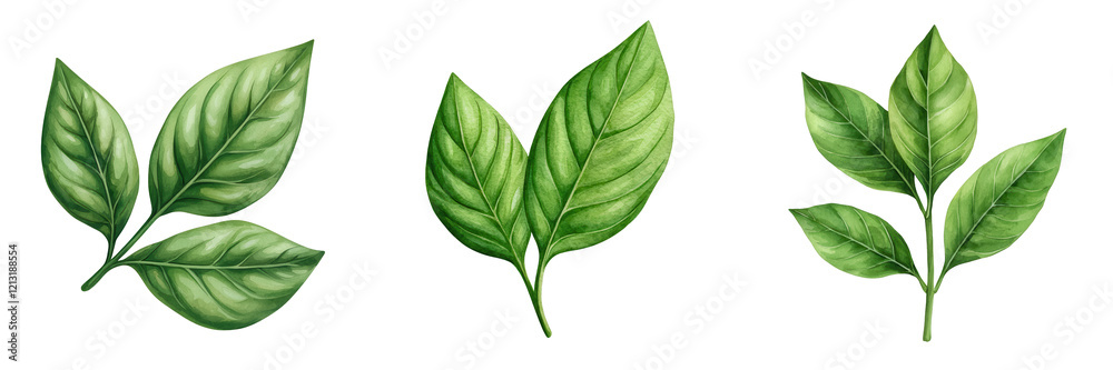 Poster a collection of three vibrant green leaves showcasing different shapes and sizes.