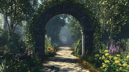 Archway in an enchanted fairy garden landscape. Mystic Arch. Illustration