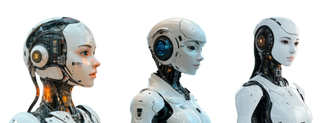 set of female humanoid symbolizing artificial intelligence isolated on transparent background 