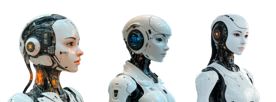 set of female humanoid symbolizing artificial intelligence isolated on transparent background 
