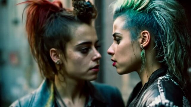 Portrait of two beautiful punk girls with colored dyed hair. Punk style. Kissing. Urban tribes