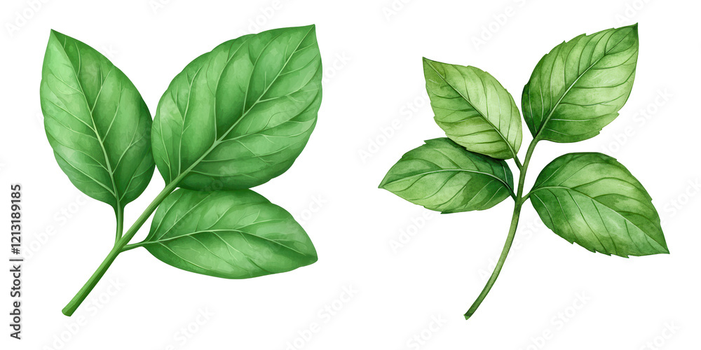 Poster two vibrant green leaves showcasing intricate vein patterns and varied shapes.