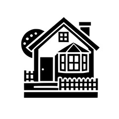 Black and White House Illustration: Minimalist Home Design, Real Estate, Property, Residence, Geometric Architecture, Simple Graphic