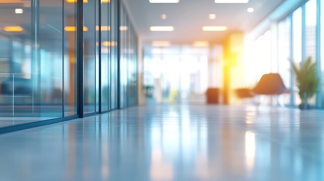 Blurred background of a bright, modern office or coworking space interior with panoramic windows 