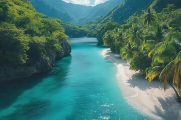 mesmerizing drone shot of hidden lagoon paradise turquoise waters meeting powderwhite beaches swaying palms creating natural shadows sunlight dancing on gentle waves