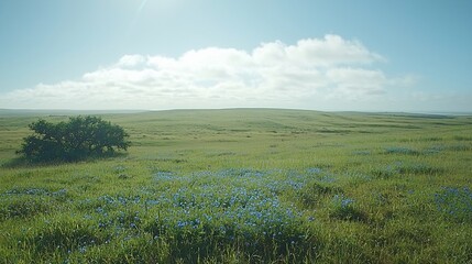 Fototapeta premium Sunny meadow with blue wildflowers and lone tree under a partly cloudy sky.