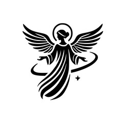 Celestial Angel: A Black and White Artistic Design of a Seraph with Wings and Halo, Symbolizing Faith, Hope, and Peace.