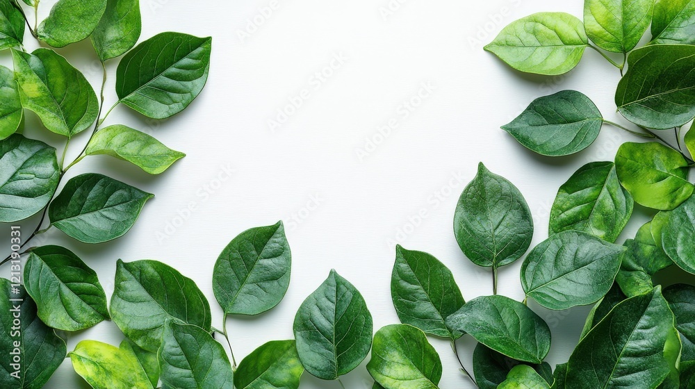 Poster Lush green leaves arranged elegantly on a white background, creating a serene and natural atmosphere