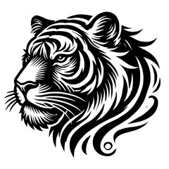 Majestic Tiger Head: Black and White Animal Art Print.  A striking graphic design featuring a powerful tiger, perfect for home decor or tattoo inspiration.