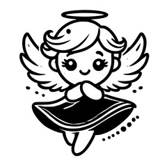 Adorable Cartoon Angel with Halo and Wings: A Whimsical Black and White Illustration
