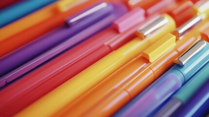 Fototapeta premium Close-up of colorful pens arranged in rows, showcasing vibrant hues and sleek design.