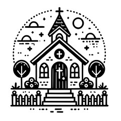 Obraz premium Serene Church Illustration: Minimalist Black and White Line Art Design of a Peaceful Chapel