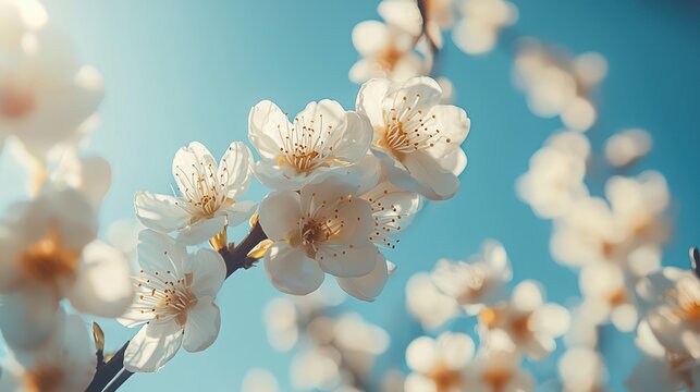 White plum blossoms against a blue sky in the spring.