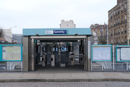 The entrance of the Gentilly train station. Gentilly, France - January 16, 2024