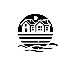 Coastal Houses at Sunset: Minimalist Architecture Illustration