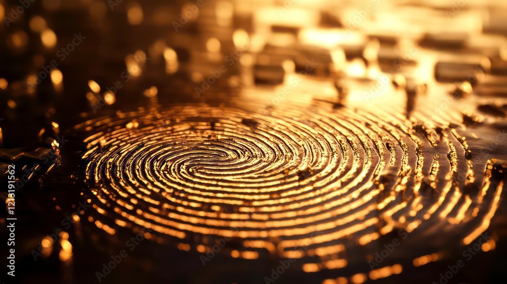 Poster Golden fingerprint whorl pattern, close-up macro shot.