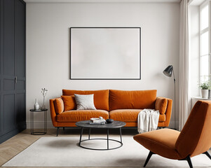 Mockup poster frame on the wall of living room. A stylish reading nook in beige colors	