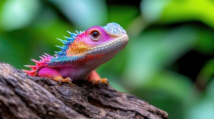 Fototapeta premium Vibrant pink and blue spiky lizard perched on a tree branch in a tropical forest.