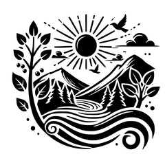 Majestic Mountain Landscape: A serene black and white illustration of a sun-kissed mountain range, tranquil river, lush forest, and soaring birds. A perfect nature-inspired design.