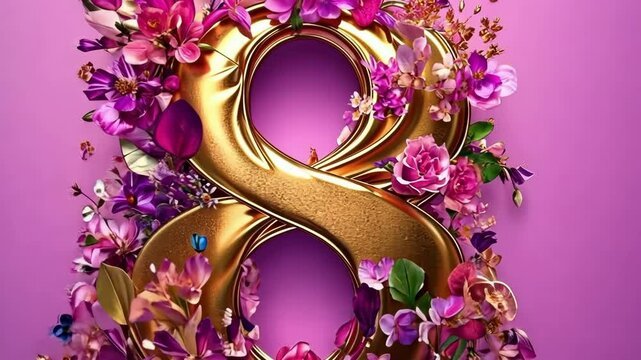 Golden ampersand with vibrant floral arrangement on pink background. Happy International Women's Day. 8 March.