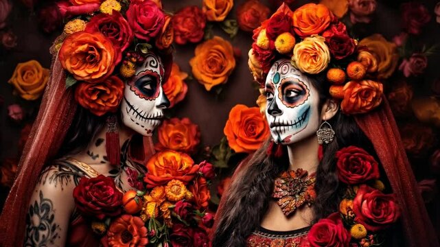 Two young Mexican woman dressing as day of the dead catrinas looking at the camera and to each other, Dia de los muertos, Mexican holiday of the dead and halloween. Two Women with sugar skull make up 