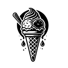 Scrumptious Ice Cream Cone: A Black and White Delight - Cool Summer Treat, Sweet Dessert, Creamy Texture, Chocolate, Vanilla, Strawberry Flavors