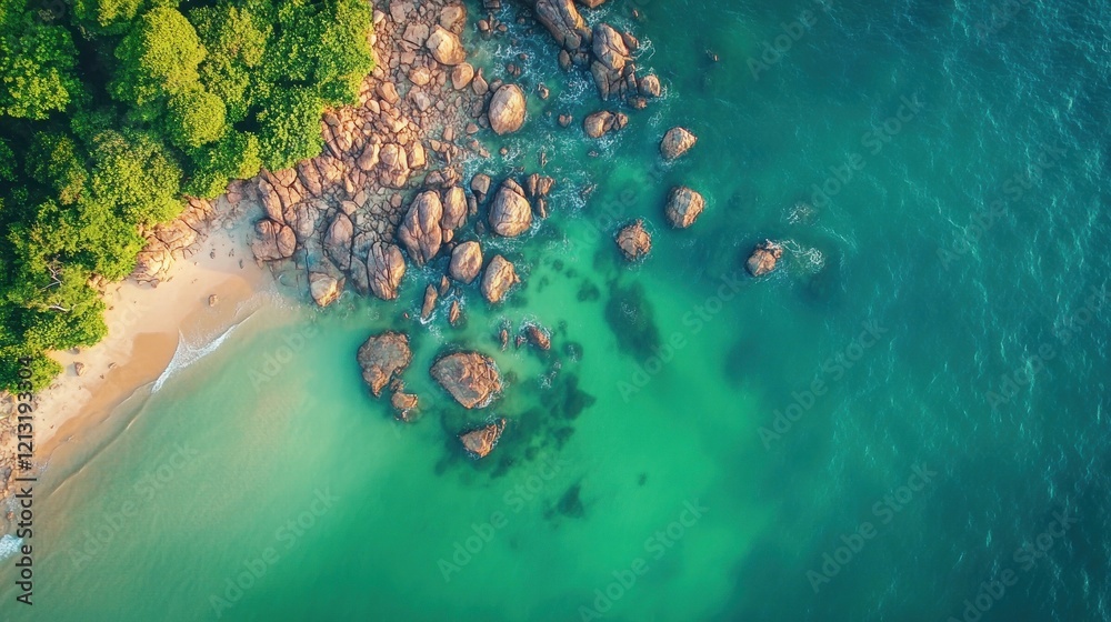 Wall mural aerial view of tranquil beach, turquoise water surrounding rocky formations, perfect for vacation an