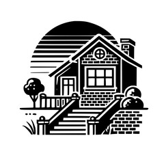 Obraz premium Monochromatic House Illustration: Minimalist Black and White Home Design with Sunset Backdrop