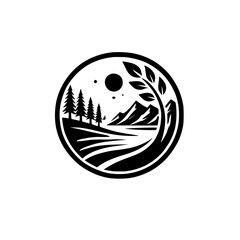 Serene Nightscape: Minimalist Mountain Lake Artwork.  A captivating black and white illustration of a tranquil lake nestled in a mountain valley under a starry night sky.