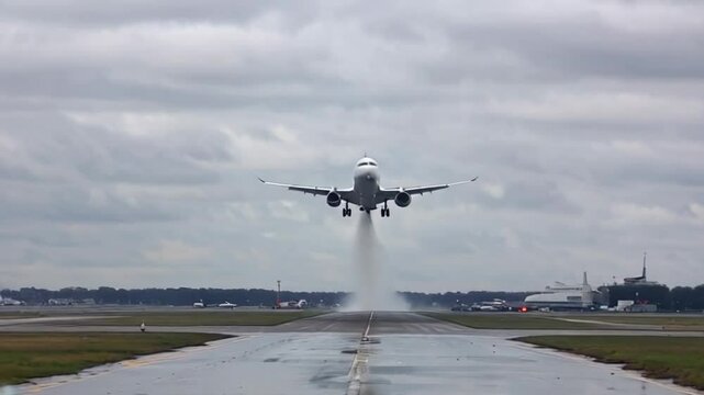 A plane is taking off from an airport runway. The sky is cloudy and the plane is leaving a trail of smoke behind it