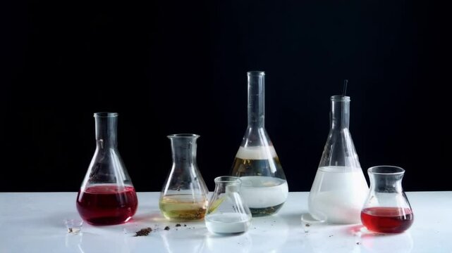 A row of glass beakers with different colored liquids in them. The beakers are arranged in a line, with the first one on the left and the last one on the right. The colors of the liquids vary