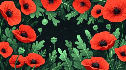 Vibrant Poppies Background Wide Angle Centered Composition