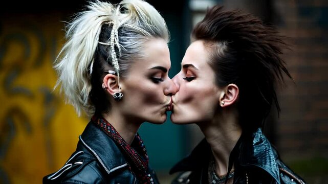 Portrait of two beautiful punk girls with colored dyed hair. Punk style. Kissing. Urban tribes