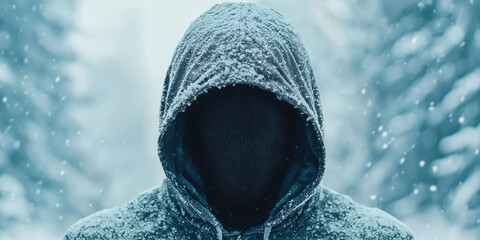 Computer hacker in hoodie. Obscured face. Data thief, concept of internet fraud, dangerous darknet...