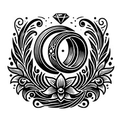 Vintage Wedding Rings with Floral Frame: Black and White Romantic Design