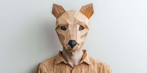 Eccentric weird strange man in wild animal paper mask, anonymity, obfuscation of fashion, individuality and self-expression