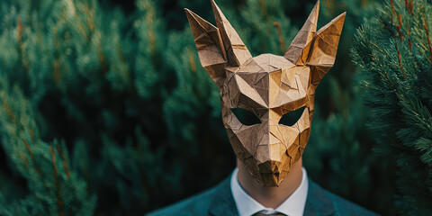 Eccentric weird strange man in wild animal paper mask, anonymity, obfuscation of fashion, individuality and self-expression