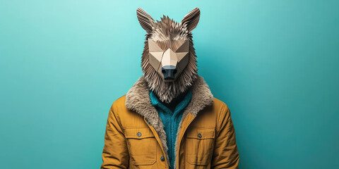 Eccentric weird strange man in wild animal paper mask, anonymity, obfuscation of fashion, individuality and self-expression