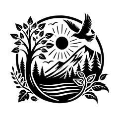 Majestic Mountain Landscape: A Black and White Nature Illustration