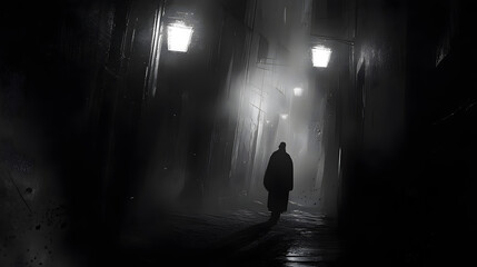 A knight stands in a darkened alleyway, his sword drawn and ready, listening for any sign of movement in the shadows around him.A knight stands in a darkened alleyway, his sword drawn and ready, liste