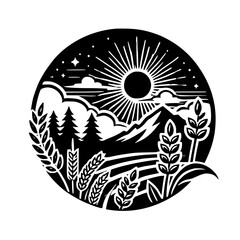 Serene Landscape: Wheat Field, Majestic Mountain, and a Setting Sun. A minimalist black and white graphic design artwork.