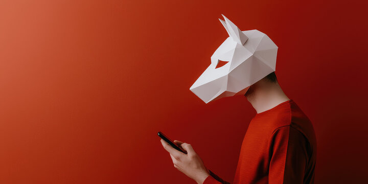 Man dressed wild animal paper mask typing on phone. Creative concept of anonymity in social networks, haters, commentators