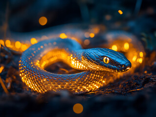 Fototapeta premium A glowing snake slithers across the ground