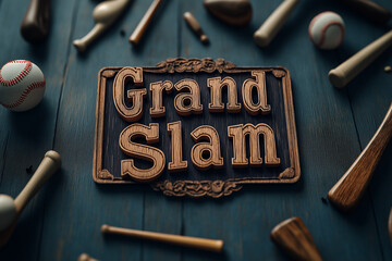 Wooden sign reading Grand Slam surrounded by baseball equipment and bats on a dark wooden surface