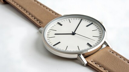Classic Wristwatch with Brown Leather Strap / Minimalist Watch with Brown Band Close-up