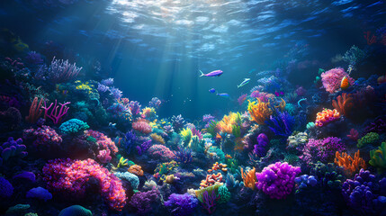 Naklejka premium Surreal intergalactic reef teeming with celestial marine life in vibrant cosmic display. Celestial Reef. Illustration