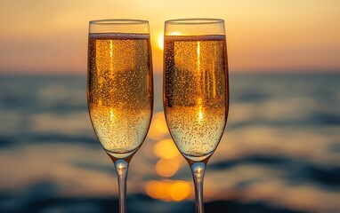 Two champagne flutes at sunset by the sea.