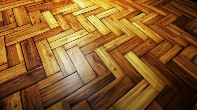 Beautiful parquet wood flooring features intricate herringbone pattern with varying shades of brown in warm light
