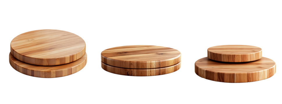 Set of flat wooden podiums for product display isolated on transparent background 