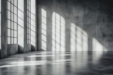 minimalist concrete gallery space with dramatic shadows polished dark floor reflecting ambient light creating depth through geometric shapes and stark contrasts